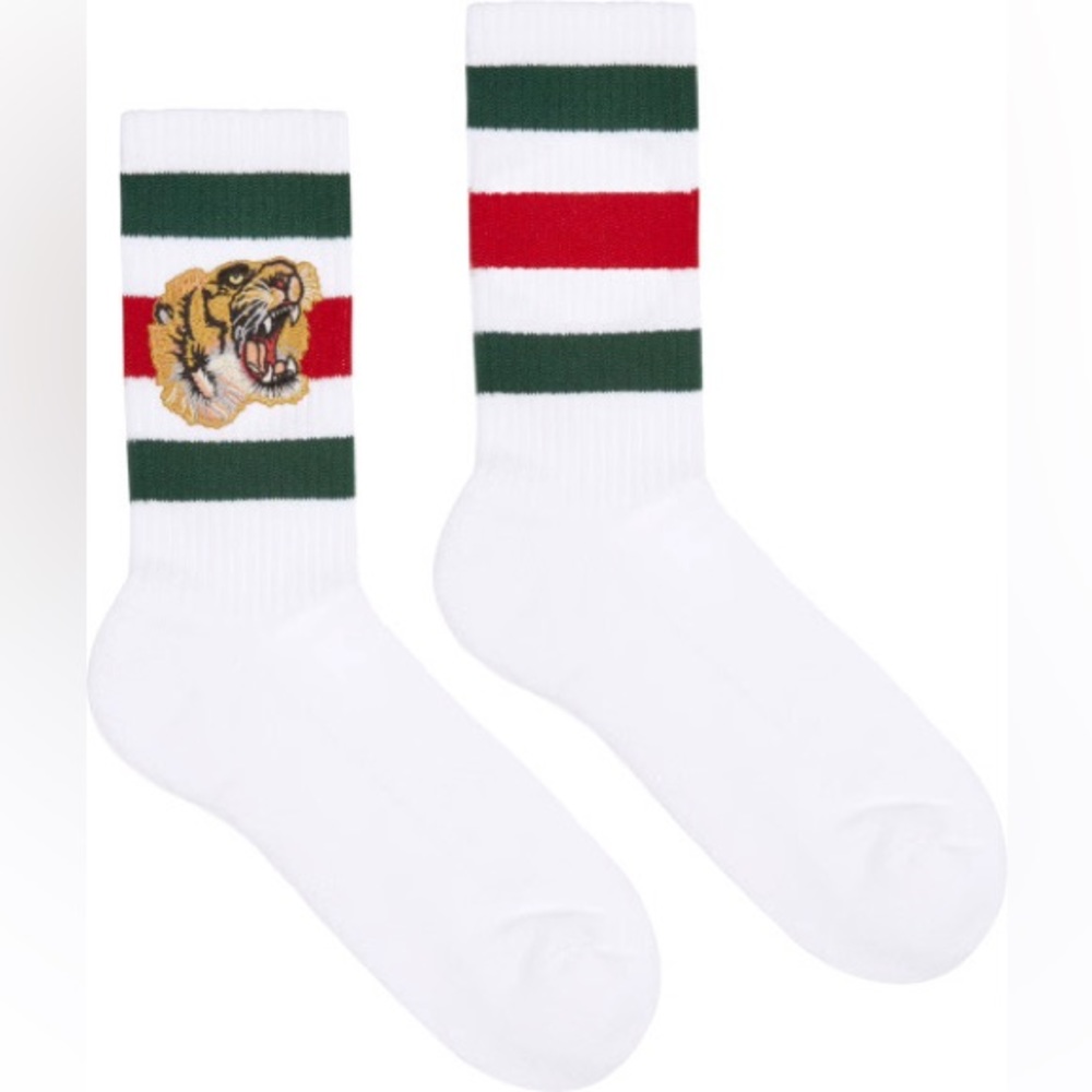 Gucci White & Web Tiger Patch Socks USED